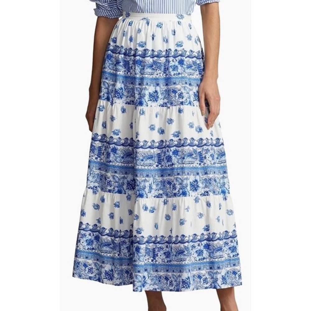 $398 Polo RALPH LAUREN - Blue/White‎ Printed 100% Cotton Maxi Skirt - Women's 14
